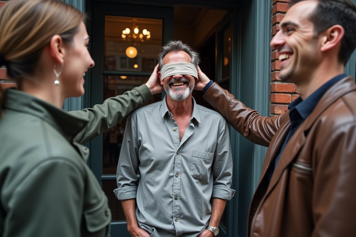 Homme adulte surpris les yeux bandés devant une salle d'escape game par ses amis souriants dans une rue pavée urbaine