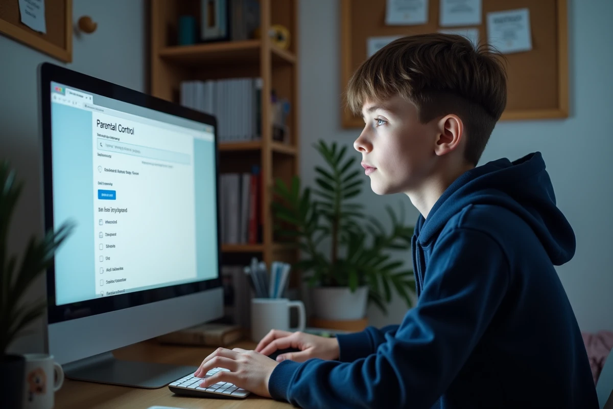 Adolescent consultant les paramètres de contrôle parental sur un ordinateur pour réduire le temps d'écran