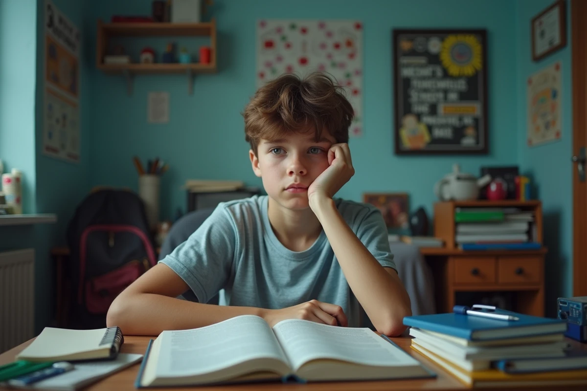 Adolescent seul dans sa chambre fixant ses manuels scolaires avec une expression préoccupée