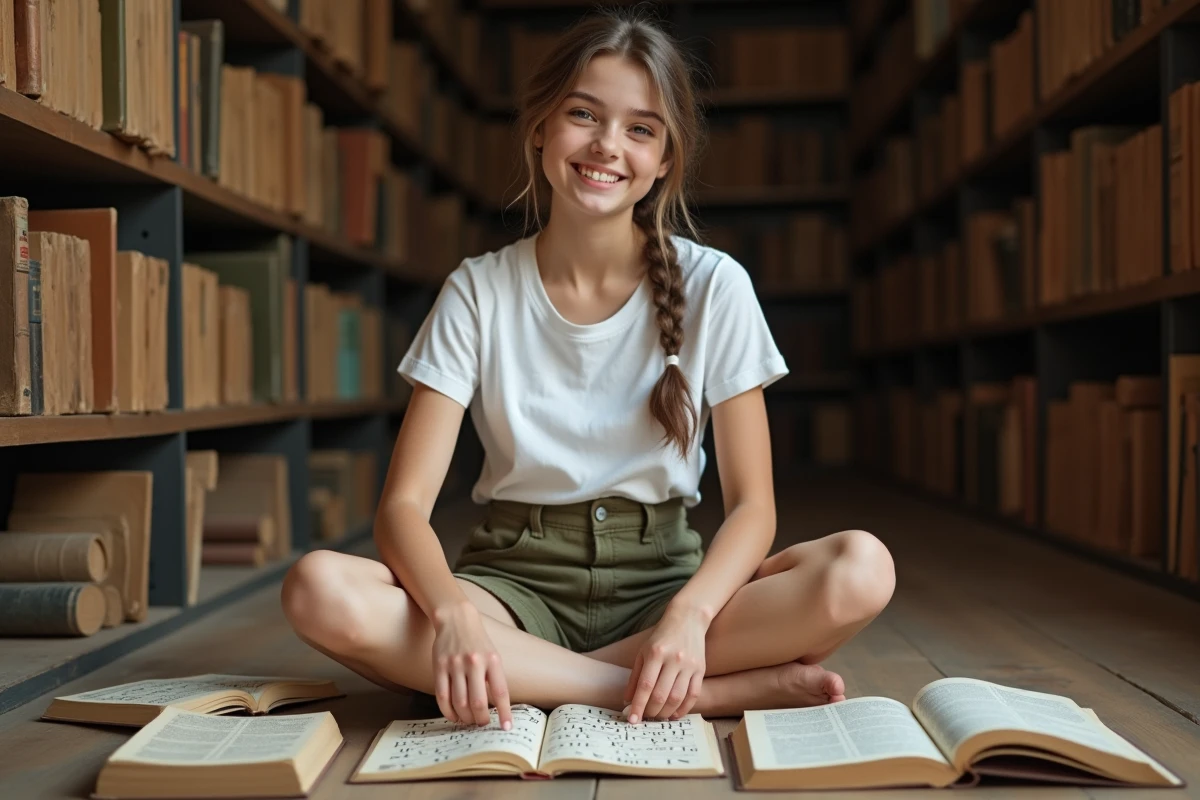 Adolescente lisant un livre sur la mythologie grecque dans une bibliothèque, symbole de l'identité et de la fierté liées à un prénom grec