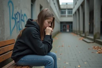 Adolescente assise seule dans une cour d'école, air pensif et mélancolique, illustrant les difficultés de l'adolescence