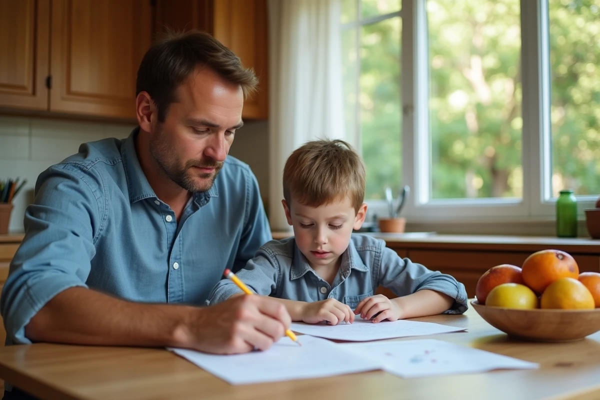 Père adoptif aidant son fils aux devoirs dans une cuisine familiale lumineuse, illustrant l'accompagnement éducatif positif lié à l'adoption