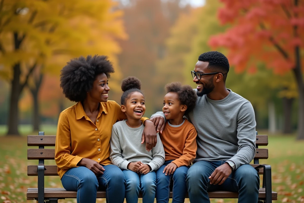 Famille adoptive multiculturelle réunie dans un parc en automne, partageant un moment de joie et illustrant l'épanouissement familial grâce à l'adoption
