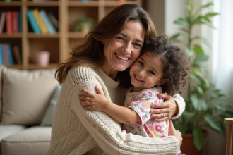 Femme adoptante embrassant tendrement une fillette dans un salon chaleureux, symbolisant les liens affectifs positifs de l'adoption