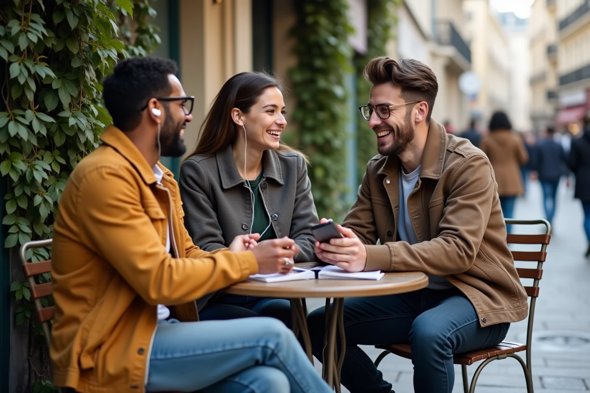 Groupe d'amis partageant de la musique avec des écouteurs en terrasse de café à Paris