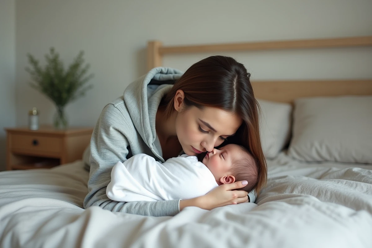 Jeune mère allongée face à son nouveau-né endormi, regard empreint d'émerveillement et d'amour inconditionnel dans une chambre apaisante