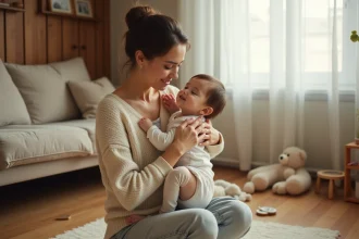 Mère tenant tendrement son enfant contre elle dans un salon chaleureux, exprimant un amour maternel profond et sincère