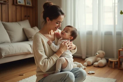 Mère tenant tendrement son enfant contre elle dans un salon chaleureux, exprimant un amour maternel profond et sincère