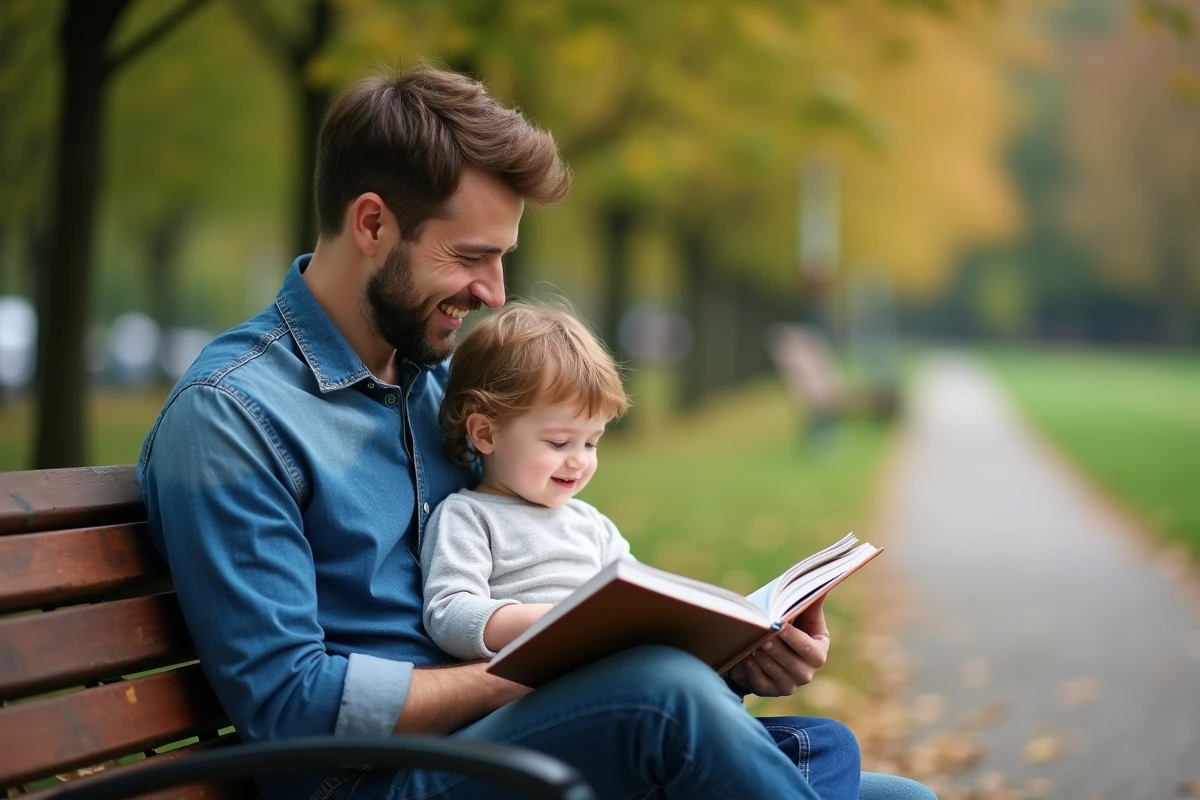 Père et enfant lisant un livre illustré ensemble sur un banc de parc en automne, scène d'amour paternel complice