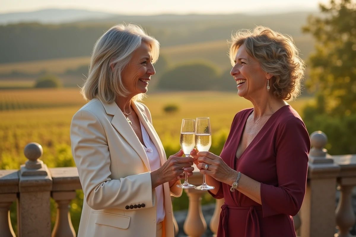 Deux femmes fêtant leur anniversaire de PACS sur une terrasse en pierre avec des coupes de champagne