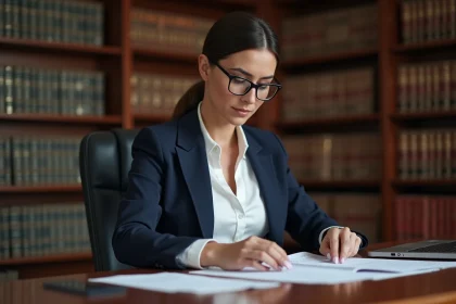 Avocate en droit de la famille examinant un dossier de garde d'enfant dans un cabinet juridique professionnel