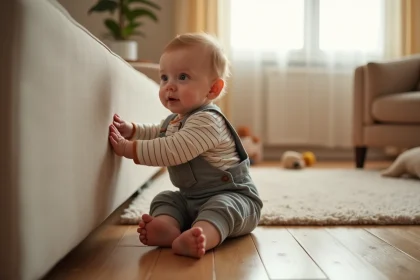 Bébé de 20 mois essayant de se lever en s'appuyant sur un canapé dans un salon cosy