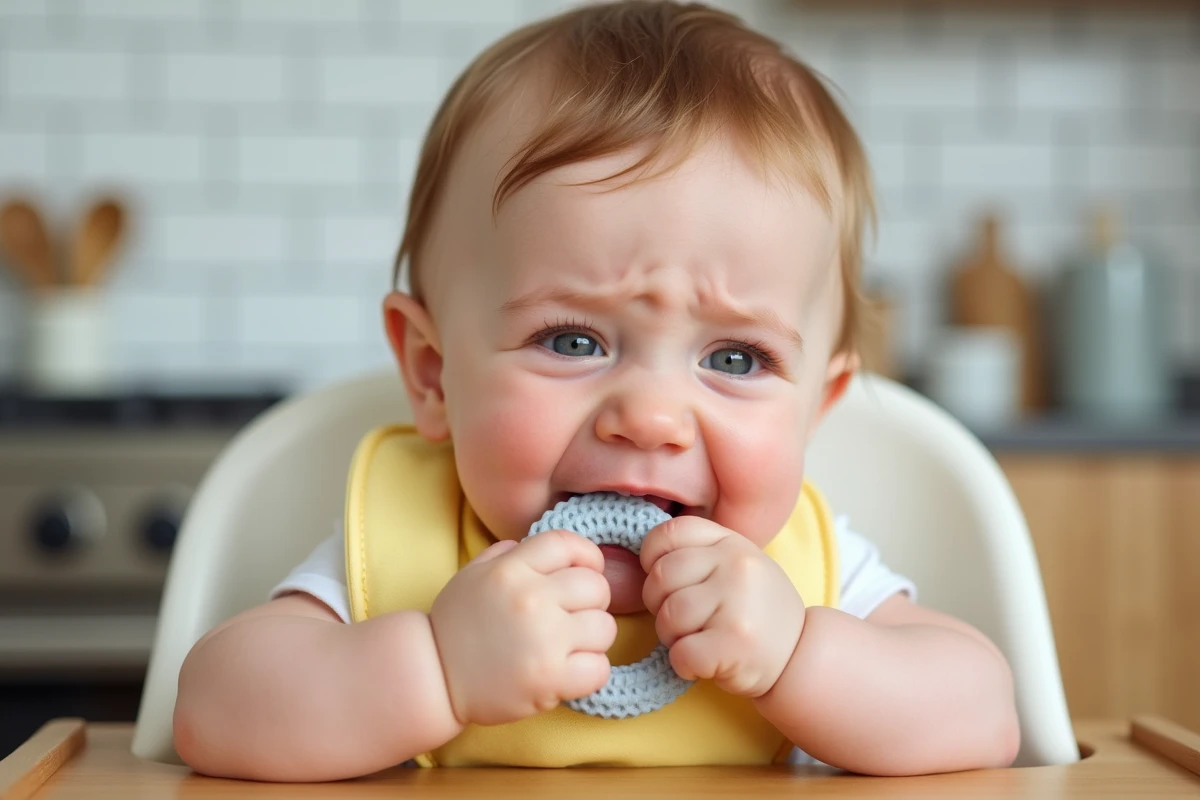 Bébé utilisant un anneau de dentition en silicone pour soulager la douleur des dents