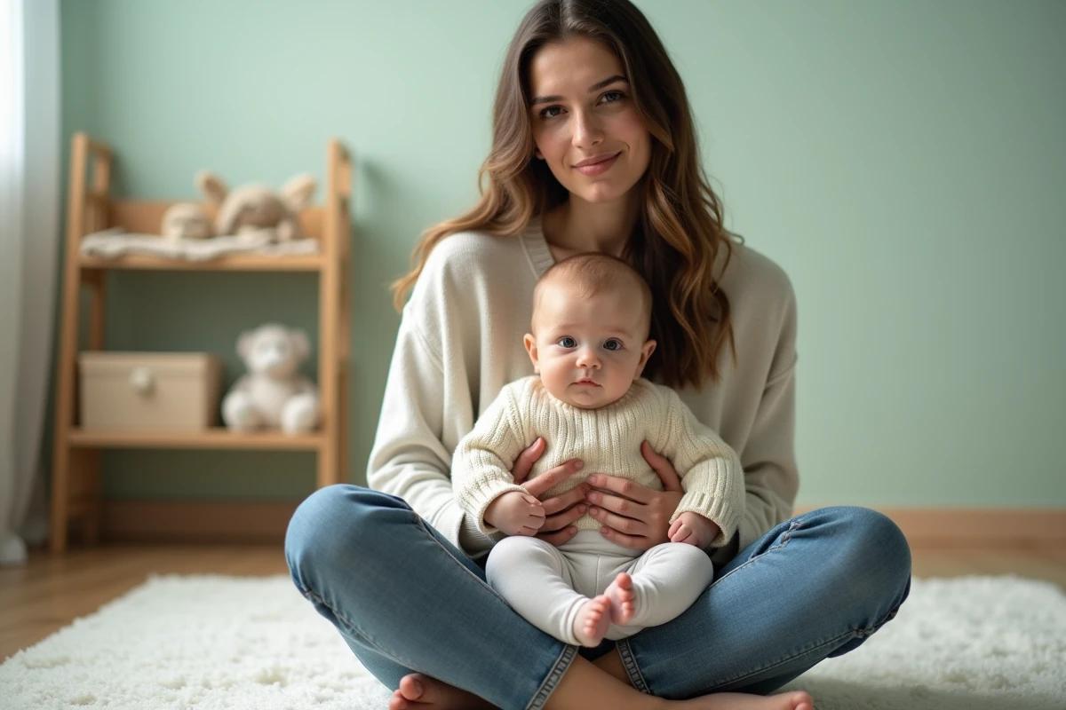 Mère tenant son bébé dans les bras dans une chambre d'enfant minimaliste, bébé au regard introspectif caractéristique de l'autisme