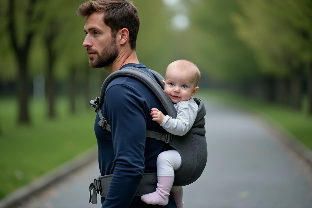 Père portant son bébé dans un porte-bébé ergonomique structuré lors d'une promenade dans un parc urbain