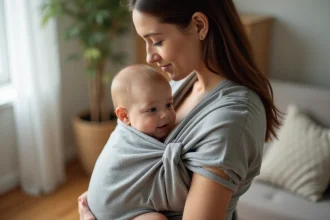 Mère portant son bébé autiste dans un porte-bébé physiologique en coton gris dans un salon chaleureux