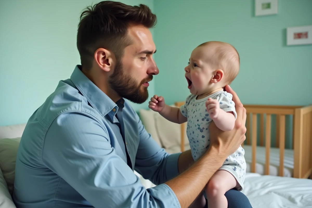 Père inquiet tenant son bébé qui pleure dans une chambre de nourrisson