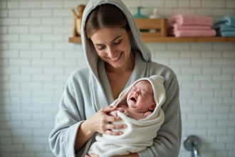Maman enveloppant son bébé en pleurs dans une serviette après le bain dans une salle de bain familiale cosy