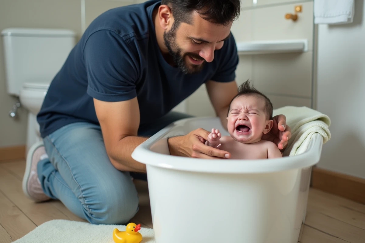 Papa soulevant son bébé qui pleure hors du bain avec soin, scène authentique de parentalité quotidienne