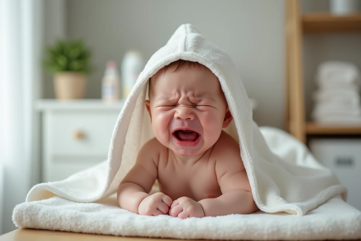 Bébé en pleurs allongé sur la table à langer enroulé dans une serviette blanche après le bain