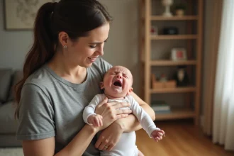 Jeune mère tenant son bébé qui pleure contre sa poitrine dans un salon chaleureux