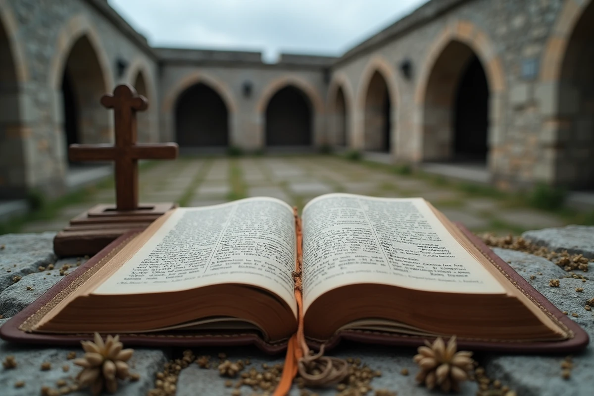 Bible ancienne ouverte sur un passage avec le numéro 16, posée sur une pierre dans un monastère, symbolisant la signification biblique du chiffre
