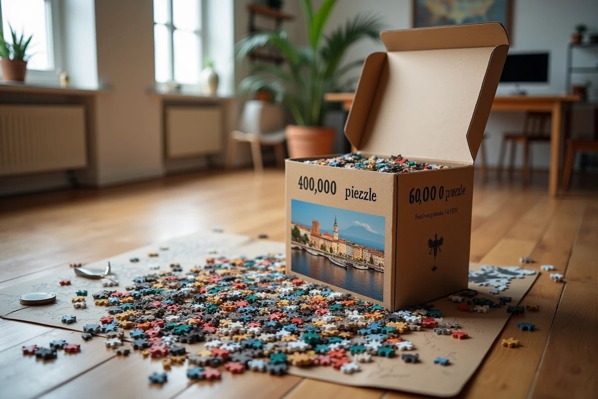 Boîte de puzzle record avec 40 000 pièces posée sur un plancher en bois entourée de pièces triées