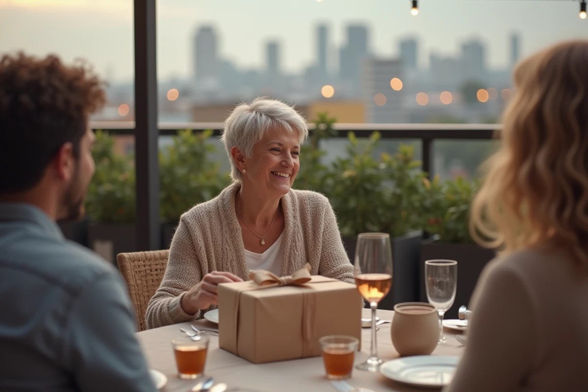 Femme adulte joyeuse découvrant un cadeau d'expérience surprise lors d'un anniversaire sur une terrasse de restaurant en rooftop