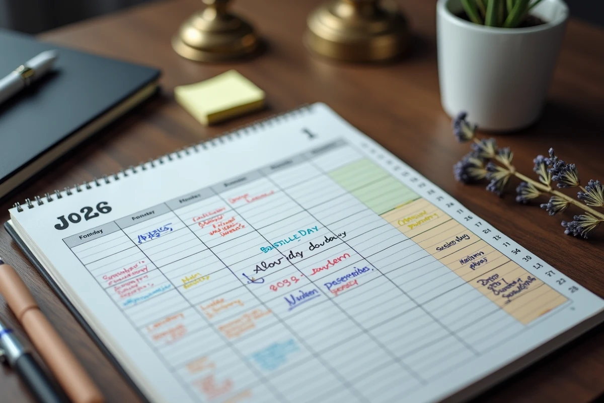 Gros plan sur un calendrier de bureau juillet 2026 avec les jours fériés annotés à la main