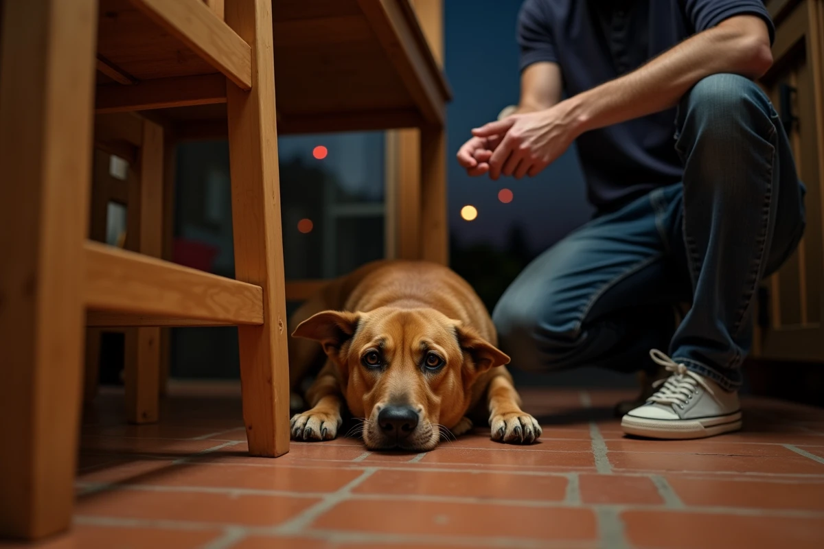 Chien apeuré sous une table de cuisine lors d'un feu d'artifice, propriétaire tentant de le rassurer