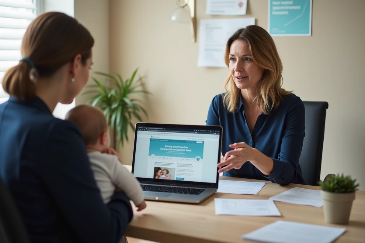 Consultante en lactation aidant une nouvelle mère à trouver des aides pour obtenir des fournitures d'allaitement gratuites