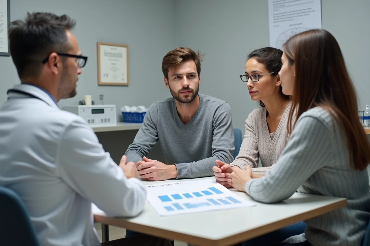 Parents consultant un pédiatre pour un retard de marche chez leur bébé de 20 mois lors d'une consultation médicale