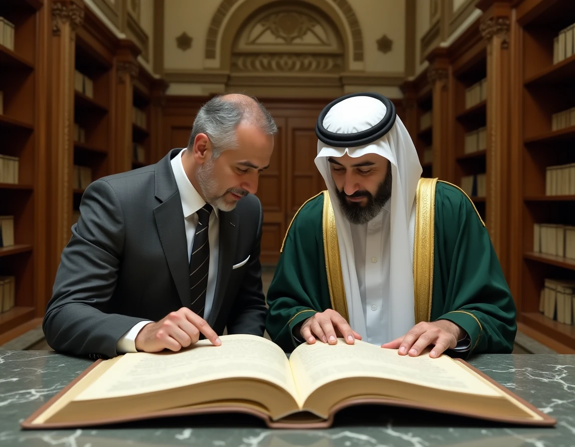 Deux hommes consultant un registre généalogique officiel des descendants du Prophète Mohammed dans une salle d'archives historique