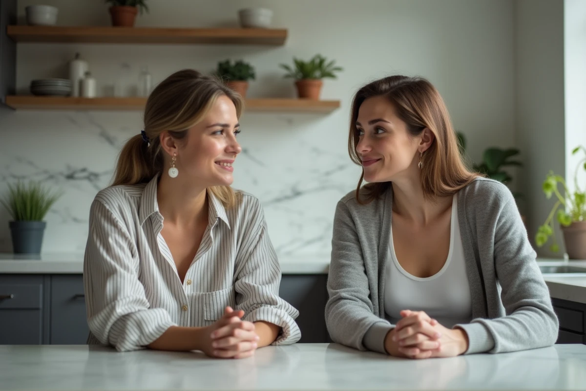 Deux femmes en conversation dans une cuisine, l'une mal à l'aise face aux questions indiscrètes sur le fait d'avoir des enfants