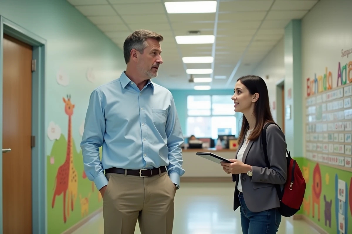 Coordinateur pédagogique de structure petite enfance discutant avec une collègue dans un couloir d'établissement d'accueil de jeunes enfants