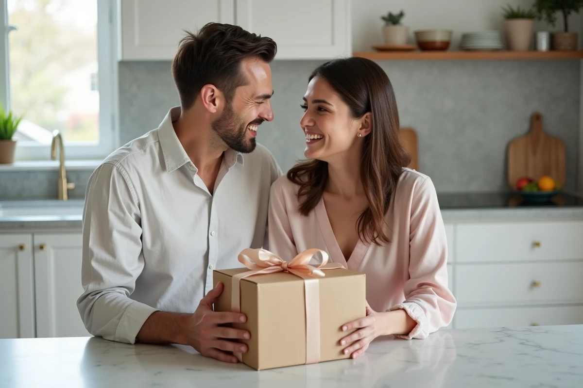 Couple souriant découvrant un cadeau de mariage dans une cuisine moderne, exprimant leur gratitude ensemble dans un moment authentique