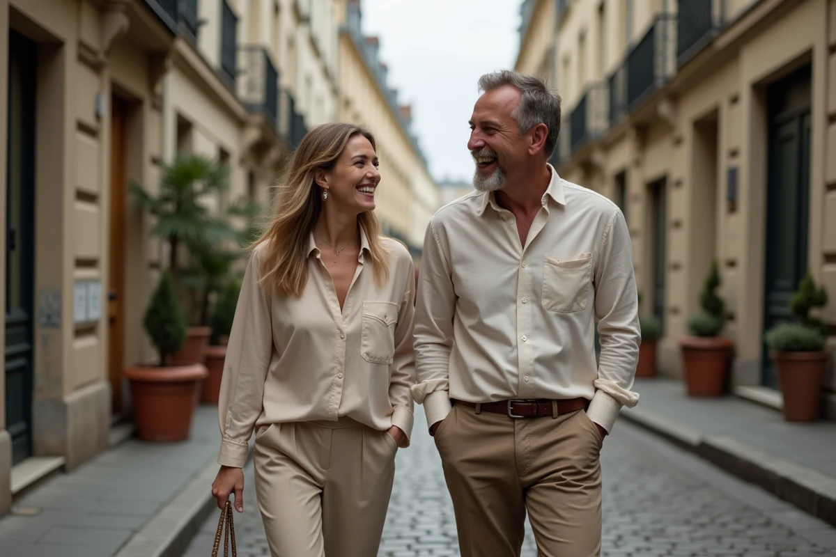 Couple discret se promenant dans une rue parisienne en automne