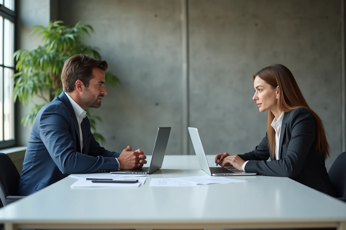 Un homme et une femme assis face à face dans un espace de travail moderne, conversation respectueuse et posée lors d'une séparation à l'amiable