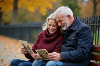 Couple d'âge mûr assis sur un banc parisien en automne, regardant ensemble de vieilles photos