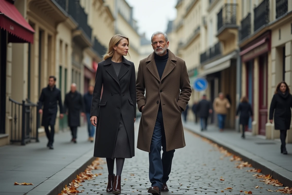 Couple élégant marchant dans une rue parisienne en automne, illustrant la discrétion et la vie de couple privée d'une célébrité française