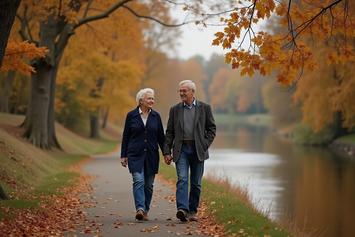Couple complice se promenant main dans la main le long d'une rivière en campagne française entourés de feuillages aux couleurs automnales