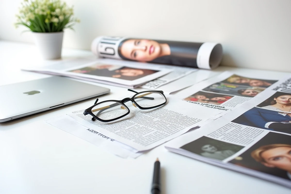 Collection de coupures de presse et magazines people étalés sur une table blanche avec des lunettes de lecture, illustrant les rumeurs médiatiques autour de la vie familiale d'une star française