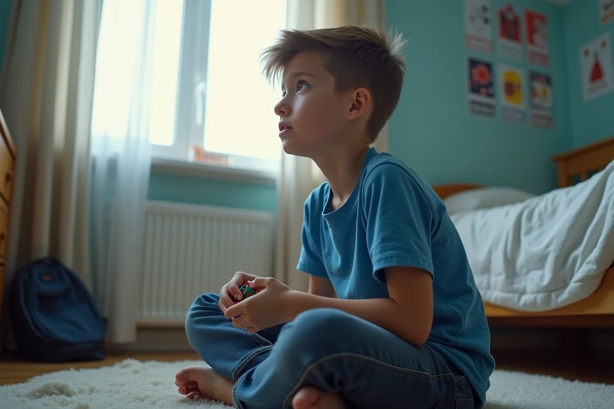 Adolescent assis par terre dans sa chambre avec une expression débordée et distraite, représentant les signes d'une crise de TDAH