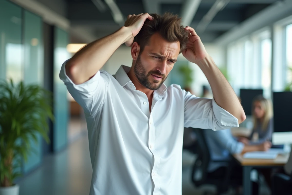 Homme adulte en open space professionnel montrant des signes d'agitation mentale et de surcharge cognitive liés au TDAH