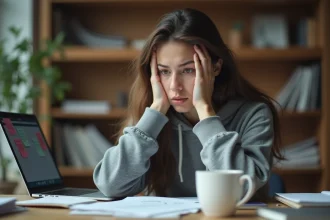 Jeune femme adulte concentrée avec difficulté à une table de travail encombrée, illustrant les symptômes d'une crise de TDAH