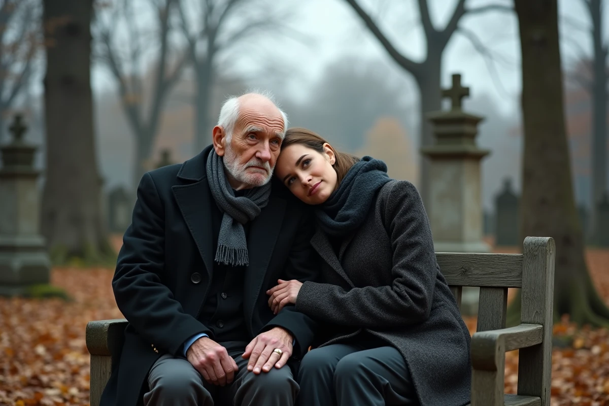 Un homme âgé et une jeune femme assis ensemble dans un cimetière en automne, partageant un moment de recueillement après un deuil