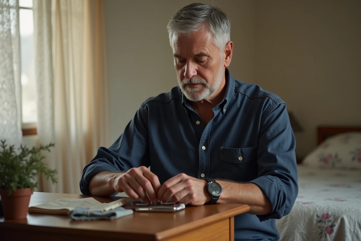 Un homme d'âge mûr arrangeant avec soin les objets personnels d'un grand-parent disparu sur une commode en bois, symbole du deuil et de la mémoire