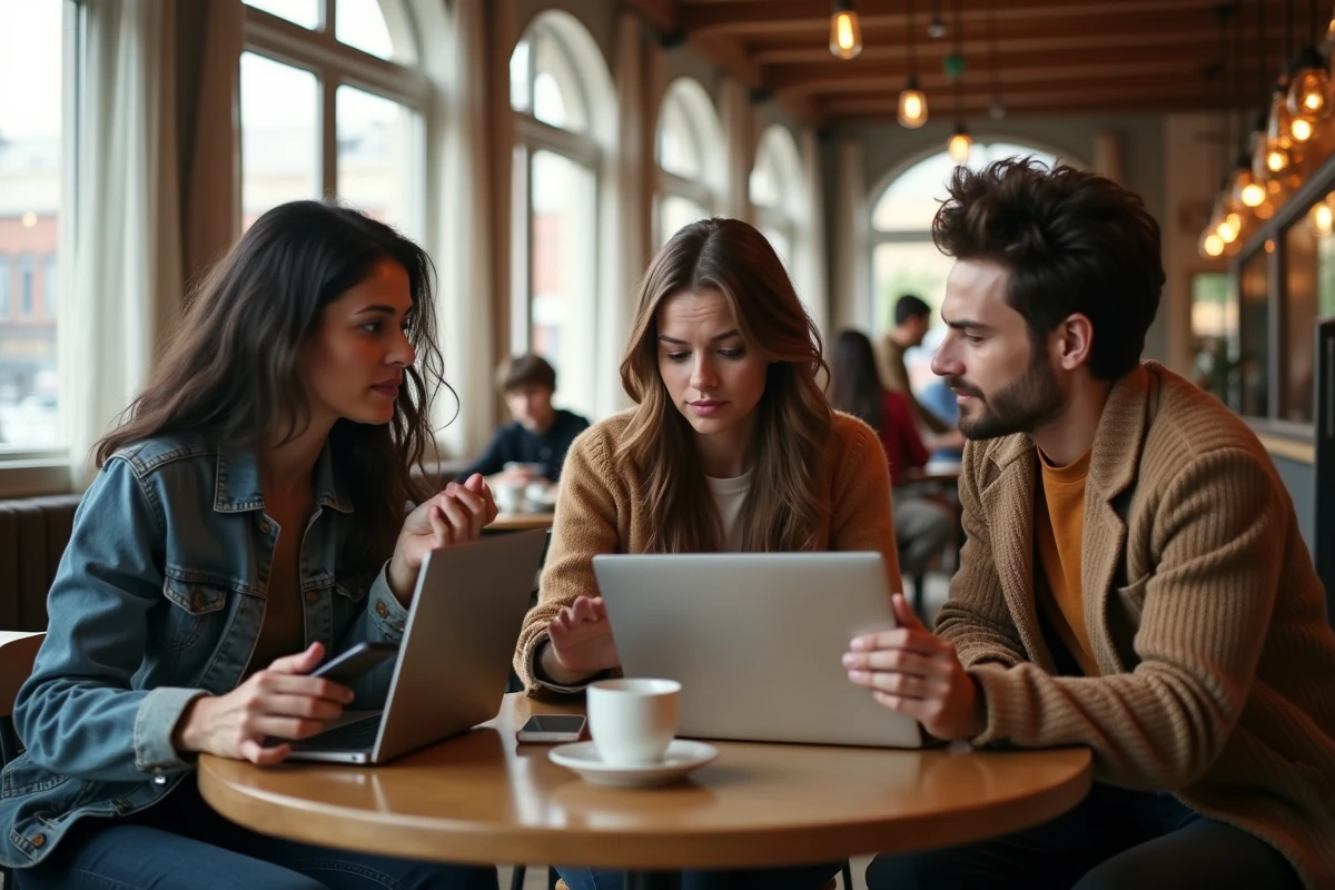 Groupe de personnes discutant autour d'un café de la véracité d'informations trouvées en ligne sur les origines familiales de célébrités