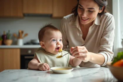 Mère donnant une cuillère de purée à son nourrisson de 6 mois lors de la diversification alimentaire