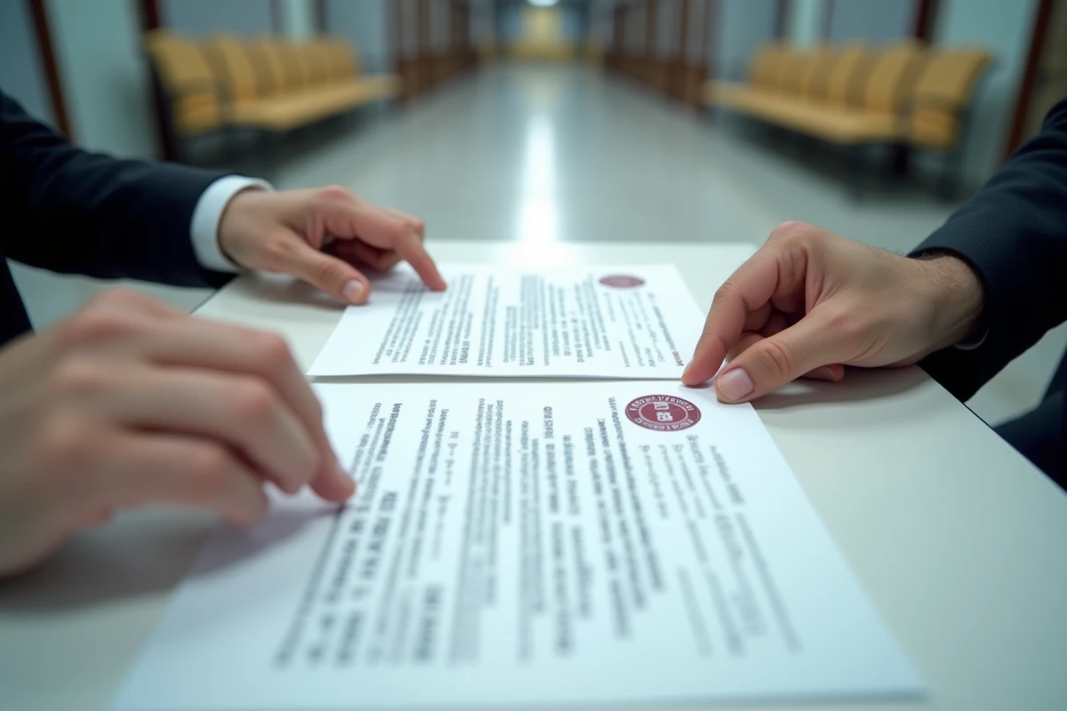 Documents officiels de filiation tenus par deux adultes dans un couloir de tribunal